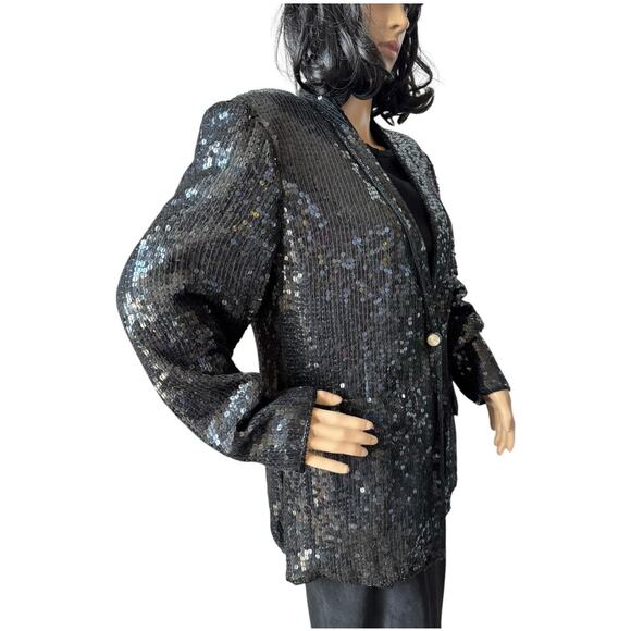 American Vtg Black Silk Sequined Formal Occasion one button Blazer coat medium - Picture 14 of 17